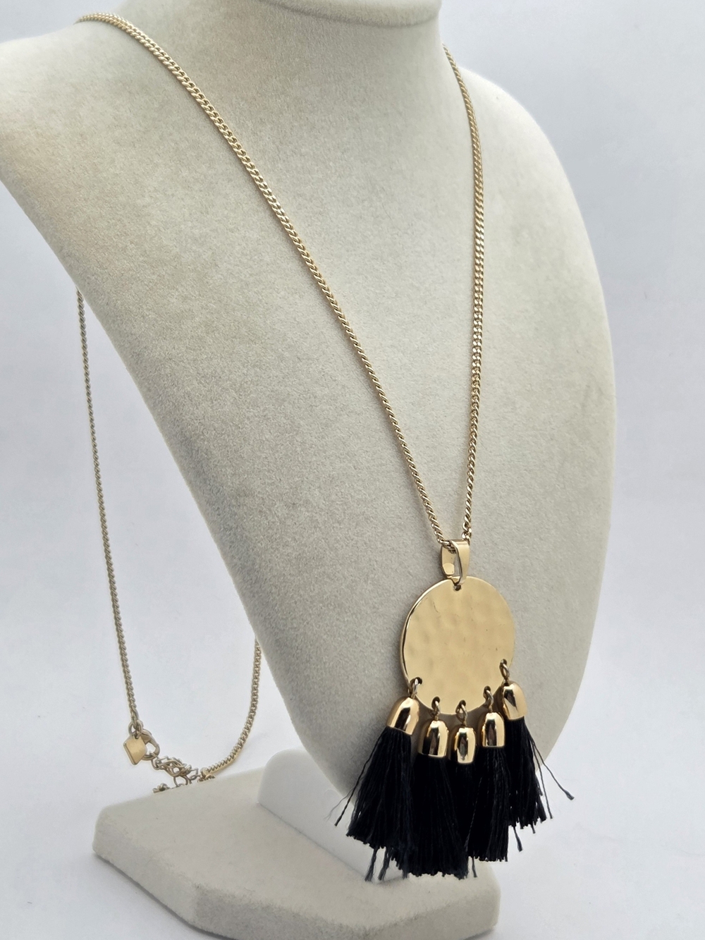 Banana Republic Hammered Gold Disc Black Tassel Statement Necklace - 36"